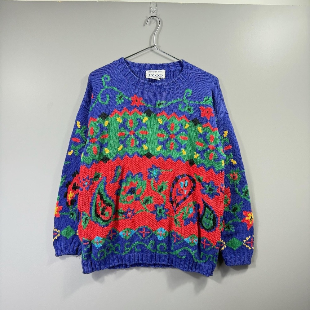 Vintage IZOD Sweater Mens Small Multicolor Paisley Hand Knit Crewneck Pullover